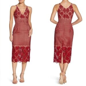 Dress the Population Aurora Red Midi Lined Lace Tea Dress